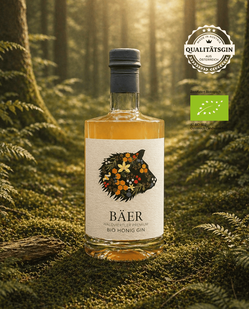BäER Bio Honig Gin Flasche Detail – Waldviertler Honig
