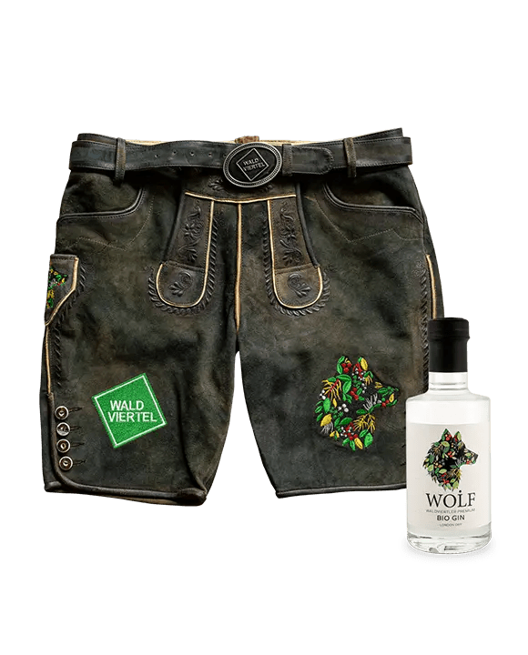 WOiF Lederhose mit 200ml Bio Gin – Waldviertler Geschenkset