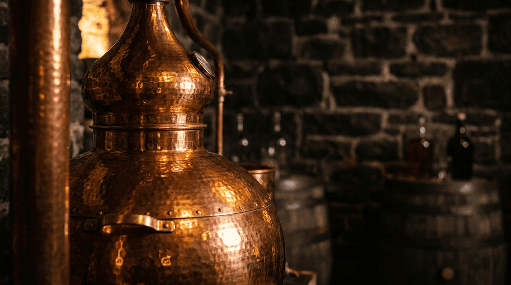 Kupferbrennblase in der Destillerie – handwerkliche Bio Gin Herstellung