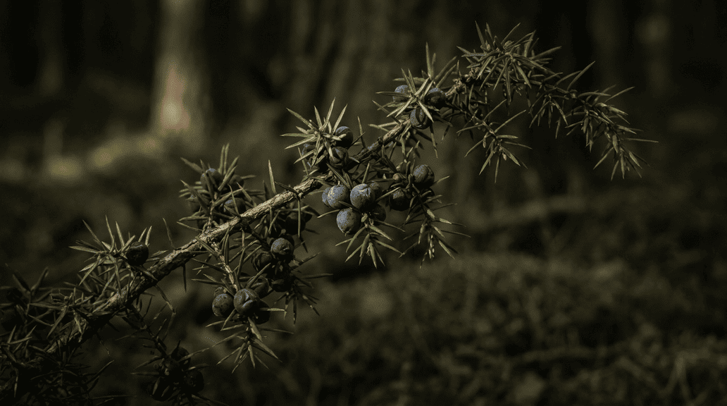 Wacholderzweig mit reifen blauschwarzen Wacholderbeeren – Kern-Botanical im WOiF Bio Dry Gin